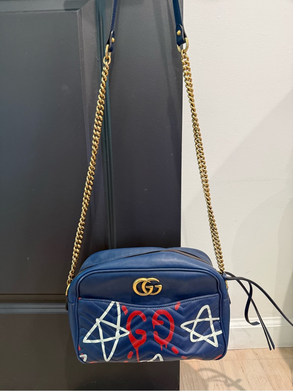 Gucci GG Marmont Ghost Small Camera Bag Blue Leather Limited Edition Crossbody